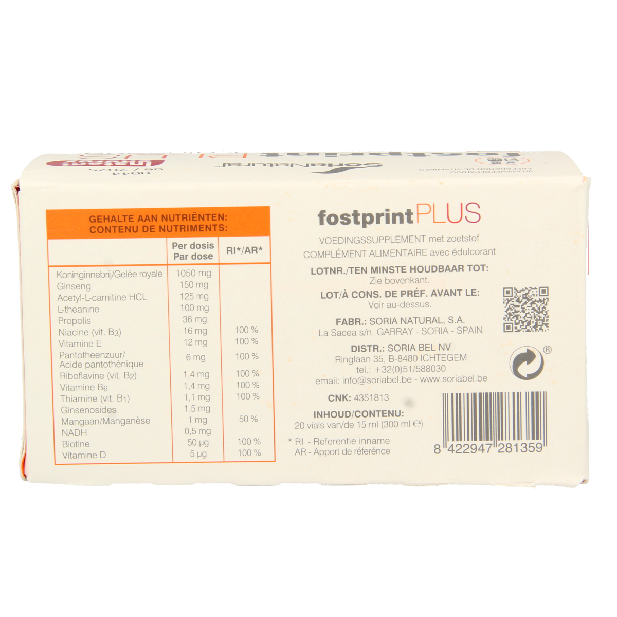 Soria Natural Fost Print Plus Energy multivitamin ampoules in a 15ml bottle, designed to boost vitality and overall energy.