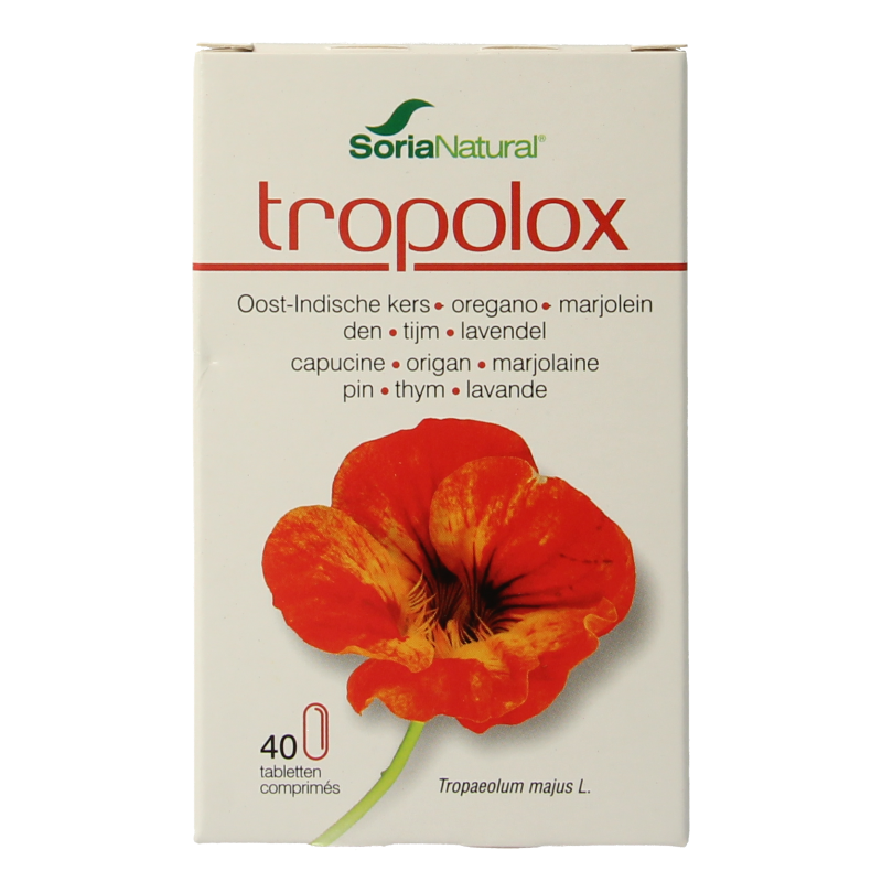 Soria Natural Tropolox herbal supplement tablets, 40 count, natural herbal remedy in blister pack.