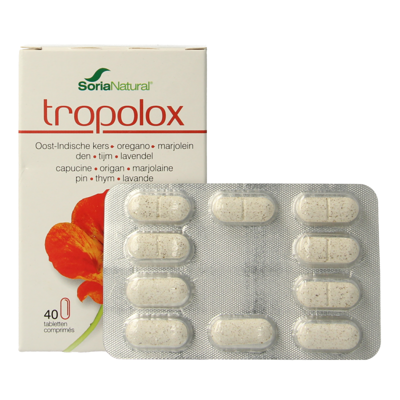 Soria Natural Tropolox herbal supplement tablets, 40-count, featuring natural plant ingredients for wellness.