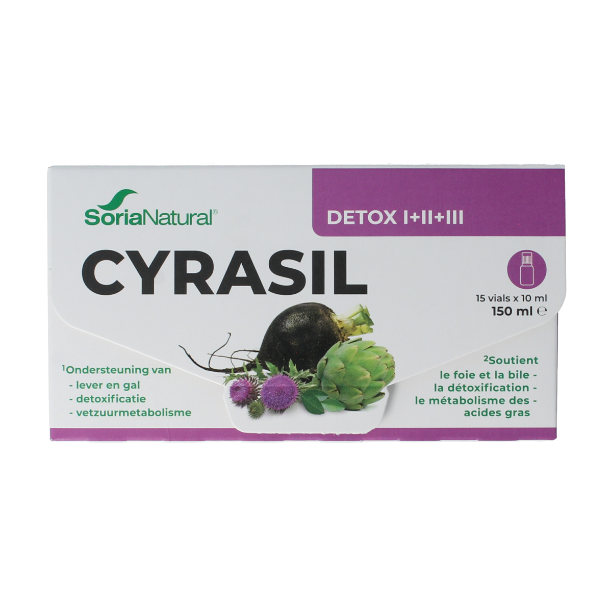 Soria Natural Cyrasil herbal remedy in a 10ml ampoule, featuring a clear glass vial with a white cap and label.