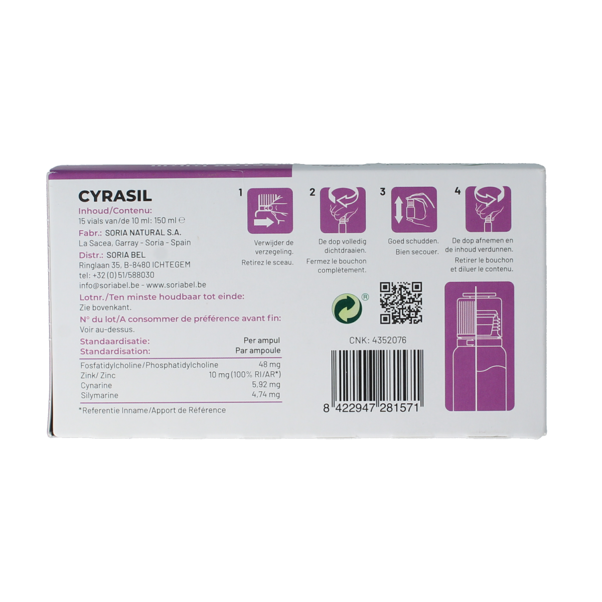 Soria Natural Cyrasil herbal extract ampoules, 10ml, 15-pack, in clear glass vials with white caps.