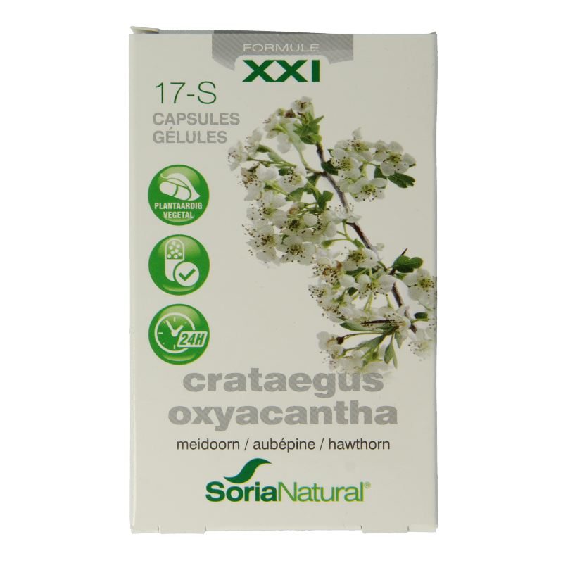 Soria Natural Crateagus oxyacantha 17-S herbal supplement capsules in a bottle, used for traditional herbal remedies.