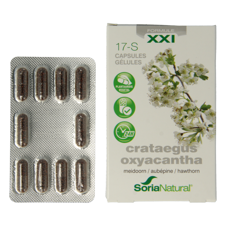 Soria Natural Crateagus oxyacantha herbal capsules in a bottle, part of Soria Natural Kruidenpreparaten product line.