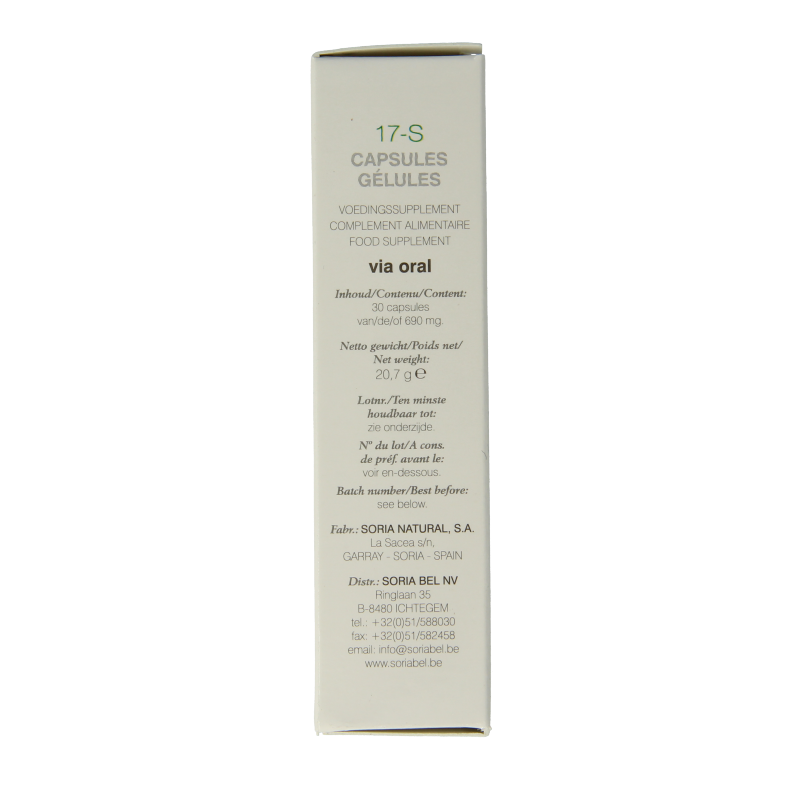 Soria Natural Crateagus oxyacantha 17-S herbal supplement capsules in a bottle, part of Kruidenpreparaten collection.