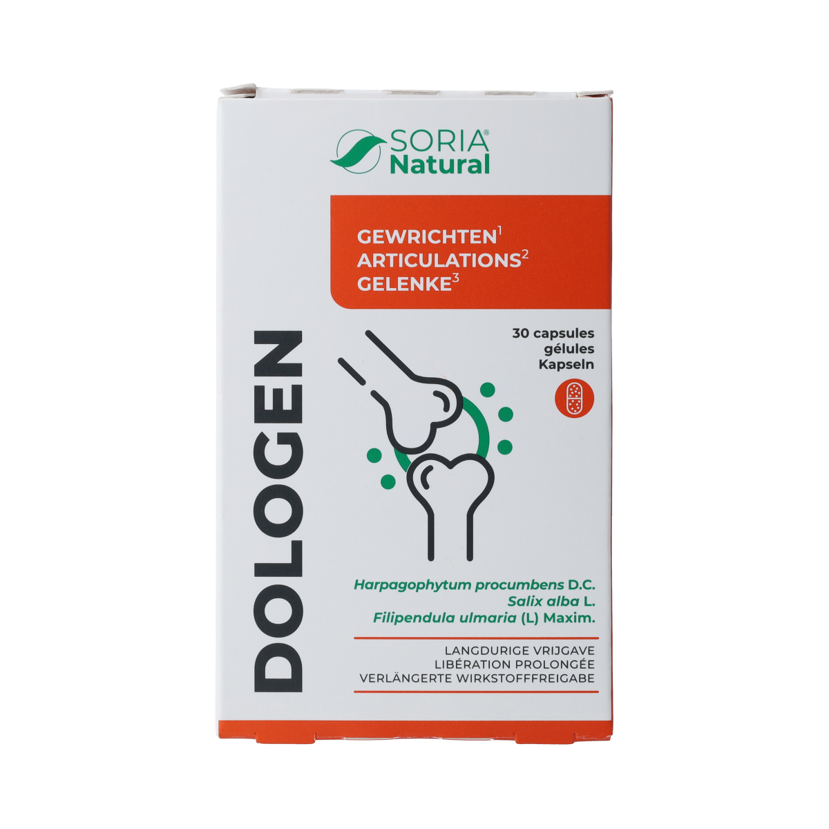 Soria Natural Dologen XXI 16C herbal supplement capsules in a clear container with a white label.