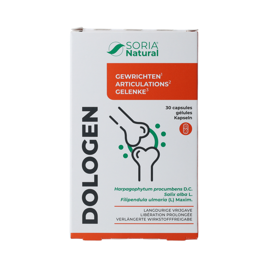 Soria Natural Dologen XXI 16C herbal supplement capsules in a clear container with a white label.