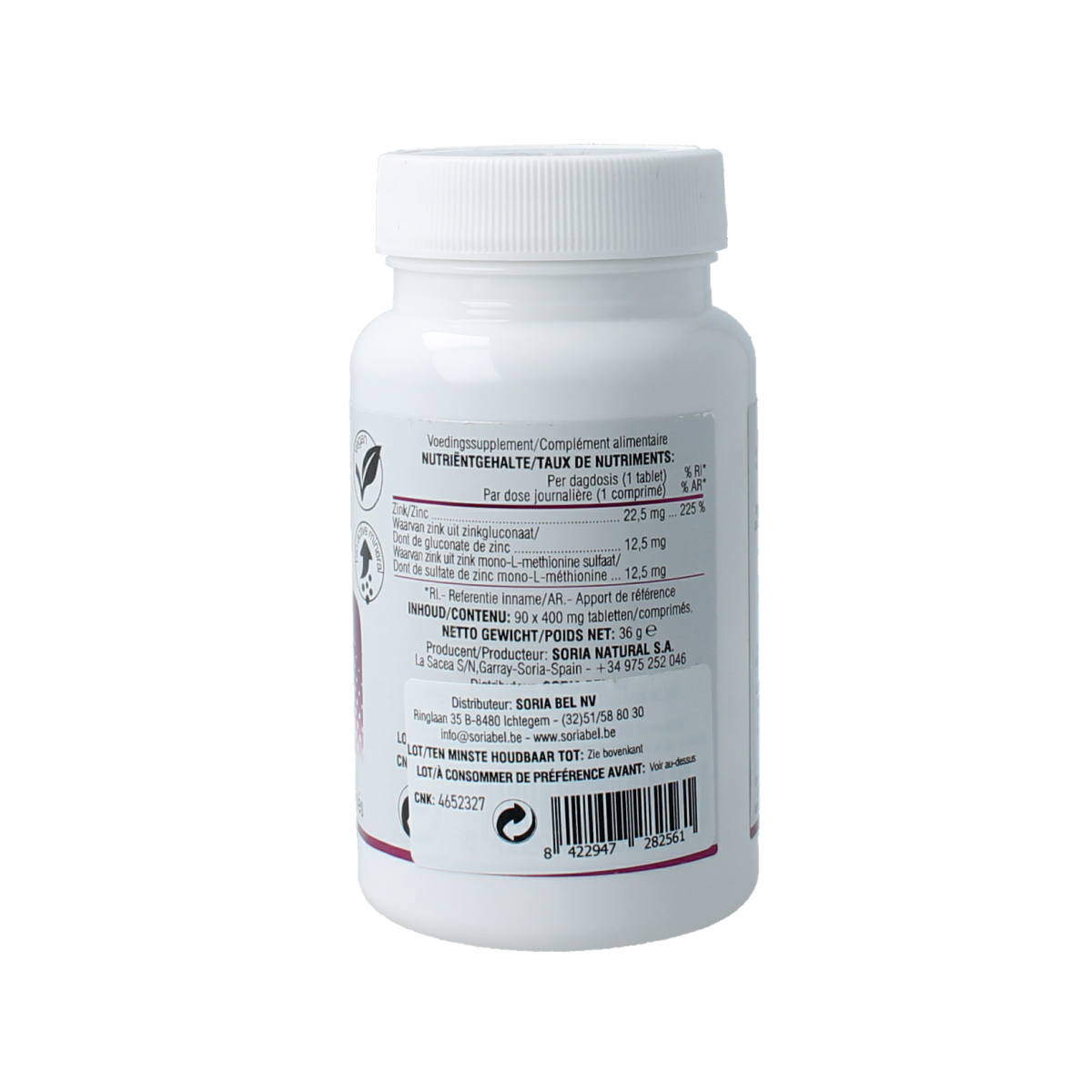 SoriaBel Zink 22mg mineral supplement tablets, 90 count, showing the zinc supplement packaging and tablets.