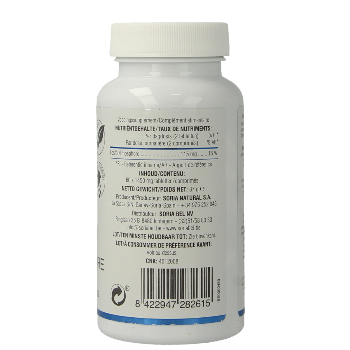 Soria Natural Fosfor mineral supplement, 57.5mg, 60 tablets, showing the bottle and tablets on a white background.