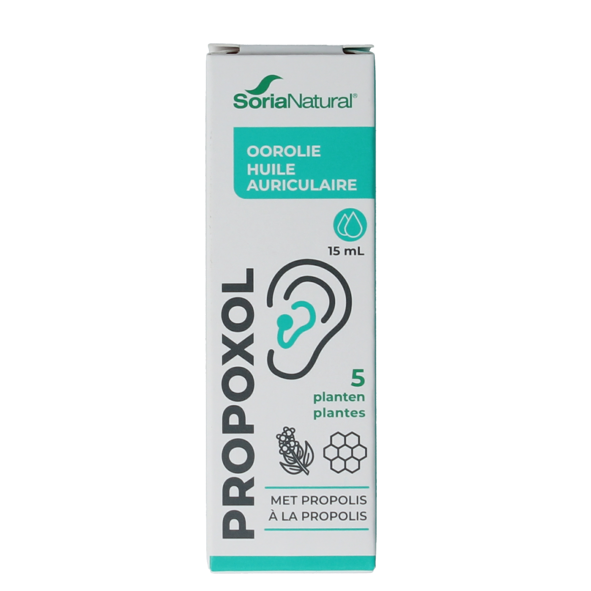 Soria Natural Propoxol herbal ear drops 15ml bottle with dropper for ear relief, in a natural herbal remedy packaging.