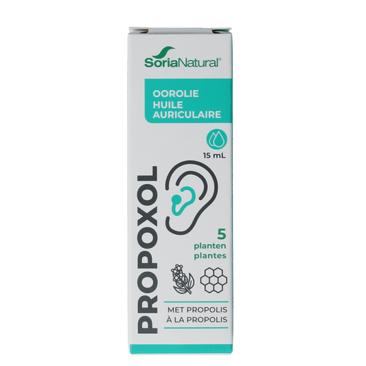 Soria Natural Propoxol herbal ear drops 15ml bottle with dropper for ear relief, in a natural herbal remedy packaging.