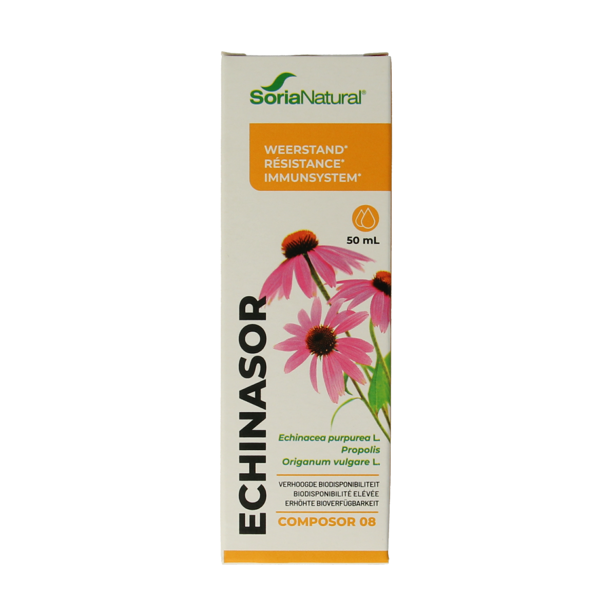 Soria Natural Composor 8 echinasor herbal supplement bottle with 50ml liquid, featuring herbal ingredients in a clear dropper bottle.