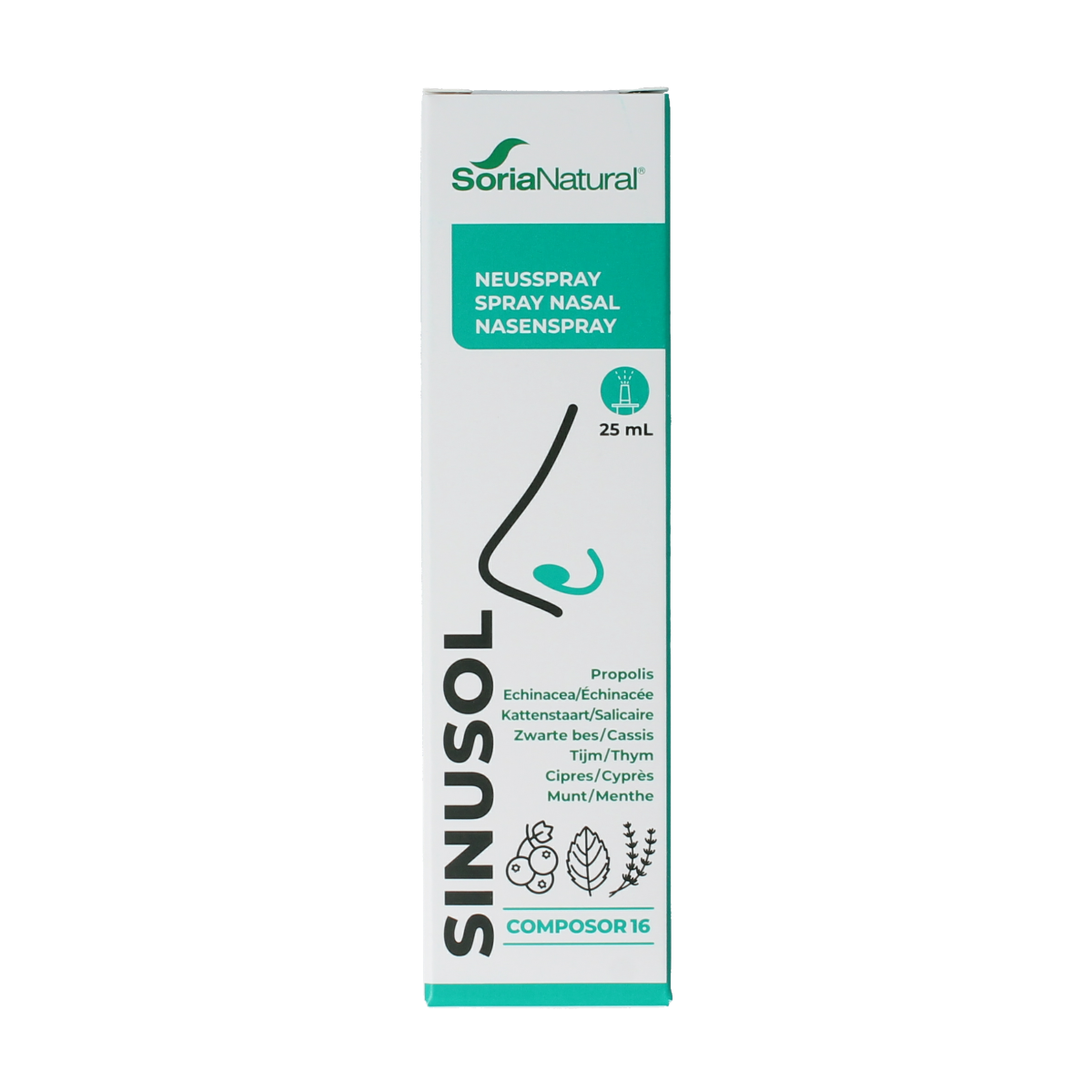 Soria Natural Sinusol herbal remedy in a 25ml bottle, featuring natural herbal ingredients for sinus relief.