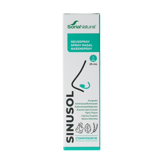 Soria Natural Sinusol herbal remedy in a 25ml bottle, featuring natural herbal ingredients for sinus relief.