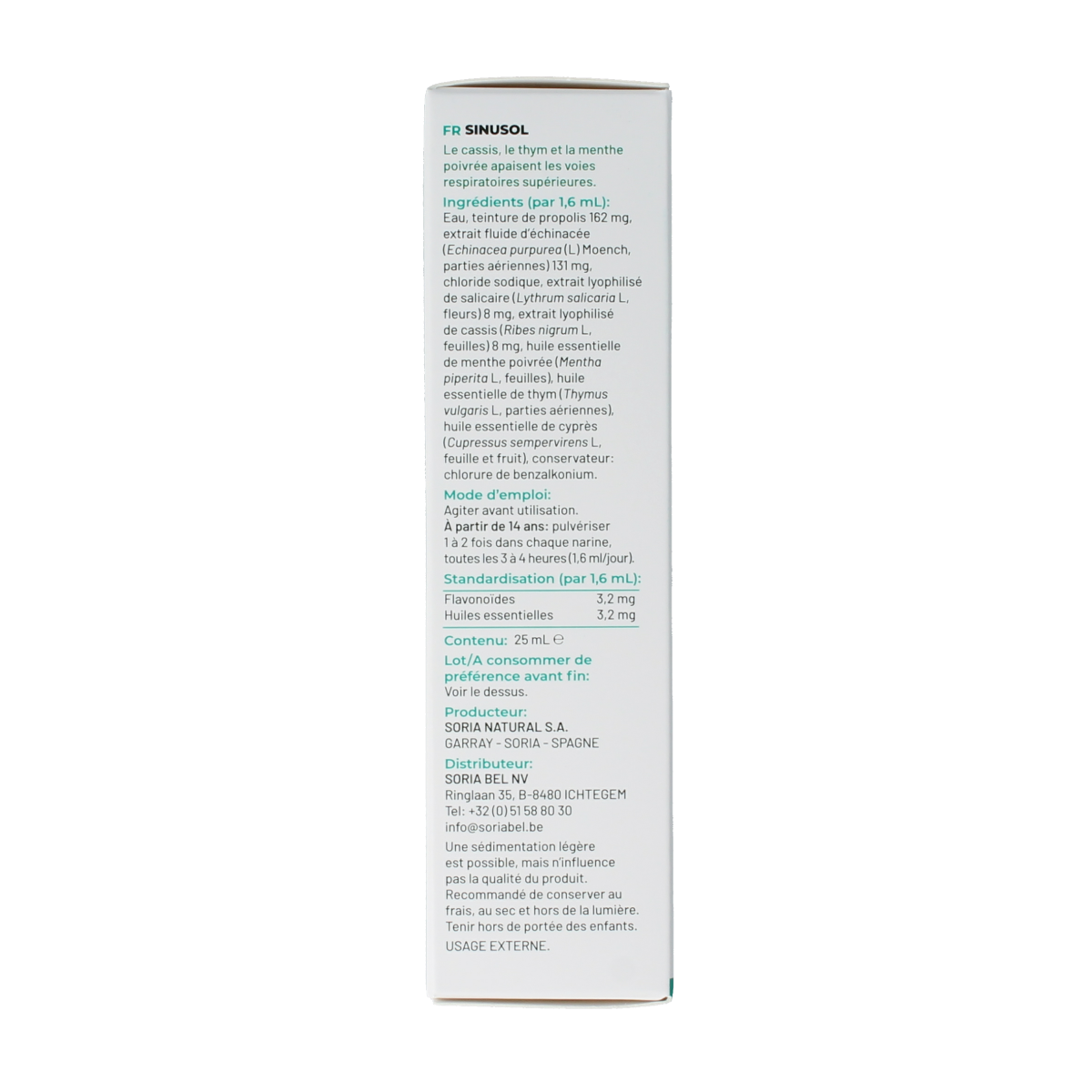 Soria Natural Sinusol herbal remedy in 25ml bottle, featuring natural ingredients for sinus relief.