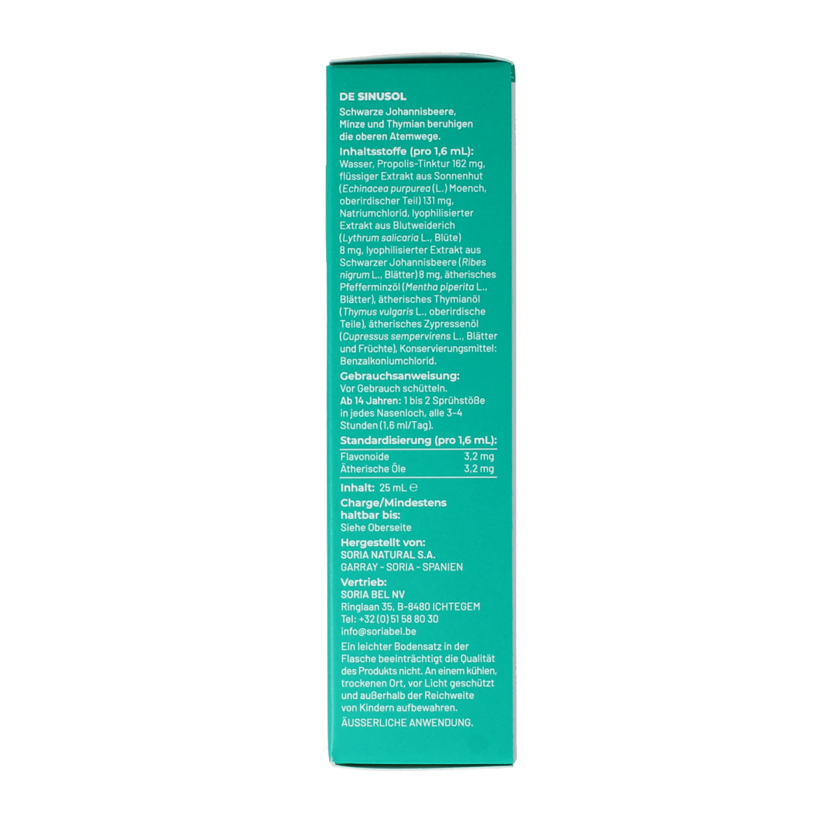 Soria Natural Sinusol herbal remedy bottle, 25ml, in packaging with product label, used for sinus and respiratory relief.