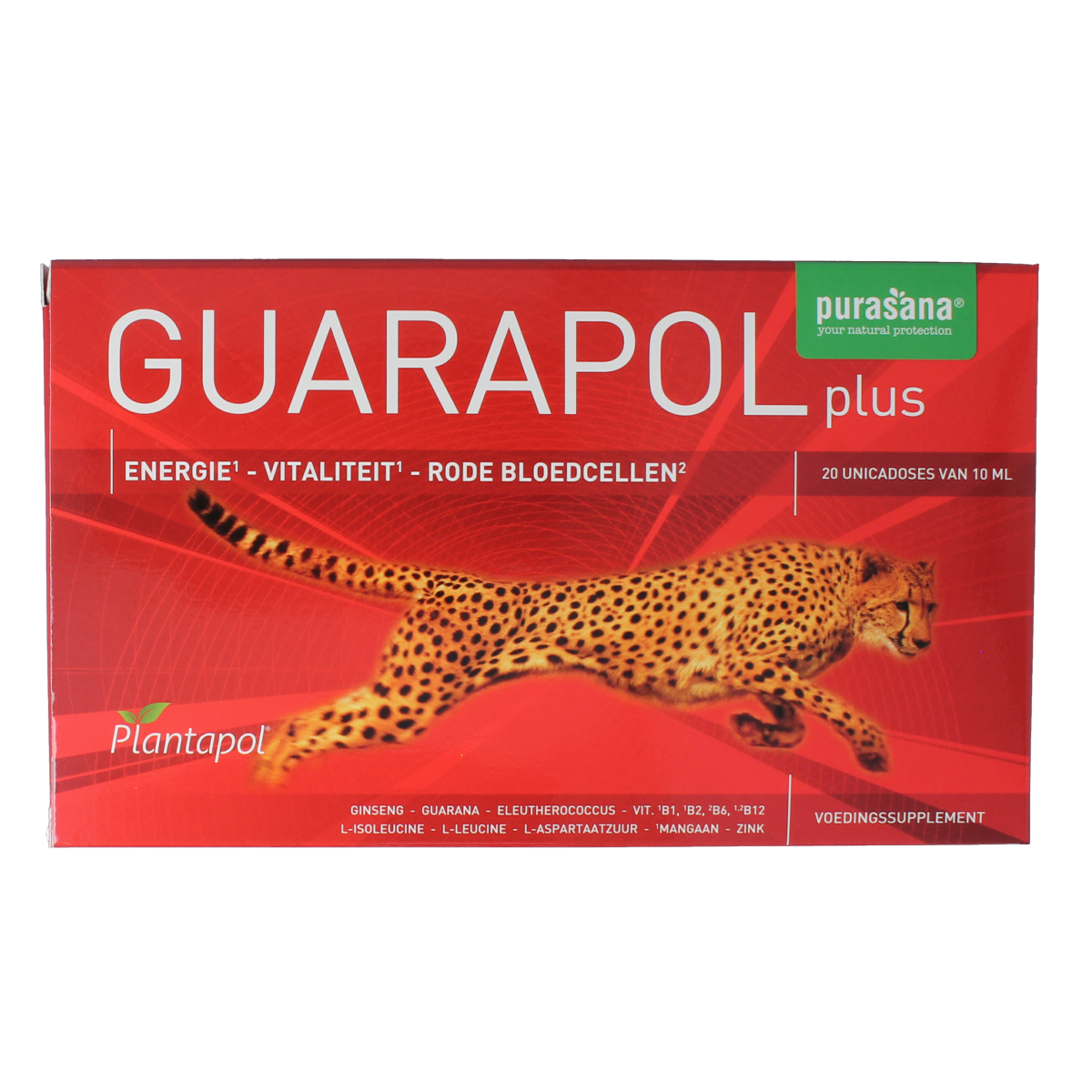 Purasana Plantapol Guarapol Plus herbal supplement ampoules in a box, natural plant-based remedy for wellness.