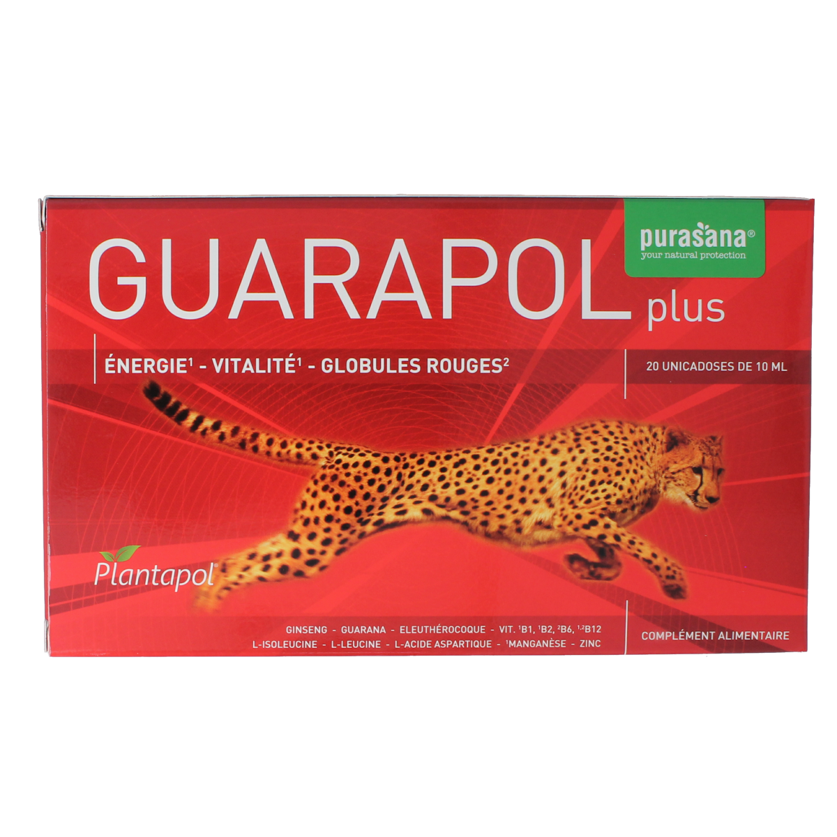 Purasana Plantapol Guarapol plus herbal supplement ampoules in a box, featuring natural plant-based ingredients for wellness.