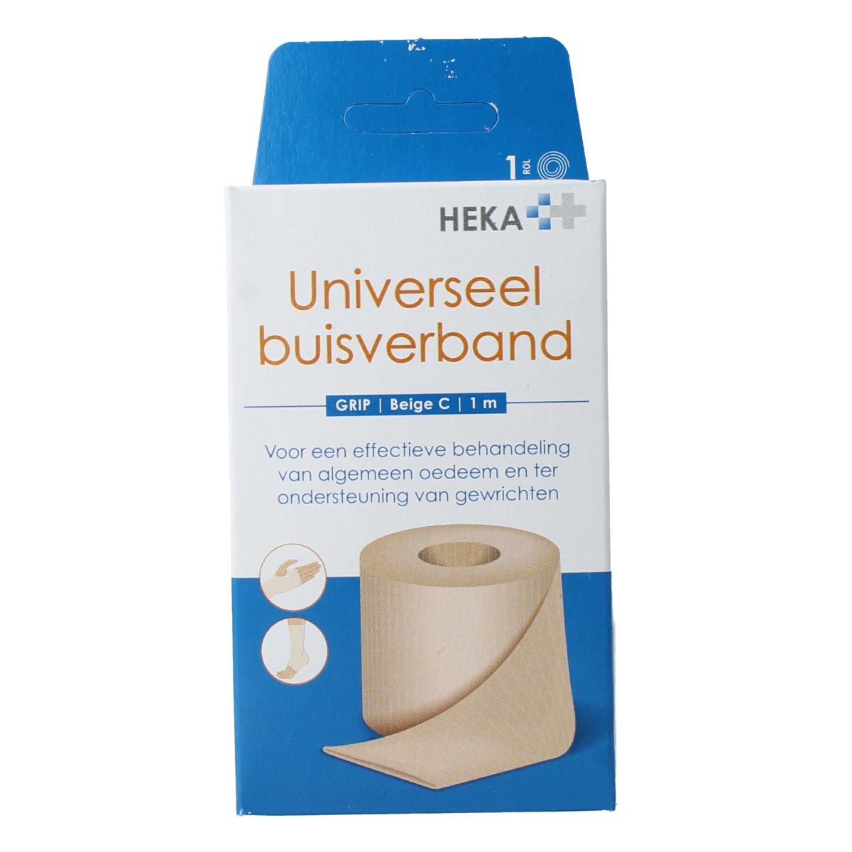 Beige Heka Grip compress buisverband and verbanddoek, 1 meter length, used for medical compression and support.