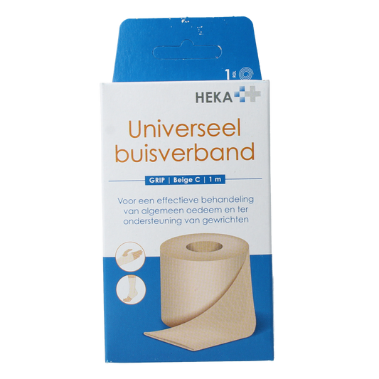 Beige Heka Grip compress buisverband and verbanddoek, 1 meter length, used for medical compression and support.