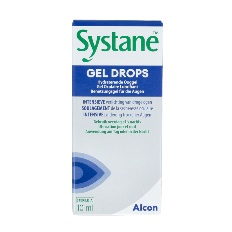 Systane Gel Drops eye ointment in 10ml container, eye care product for soothing and lubricating dry eyes.