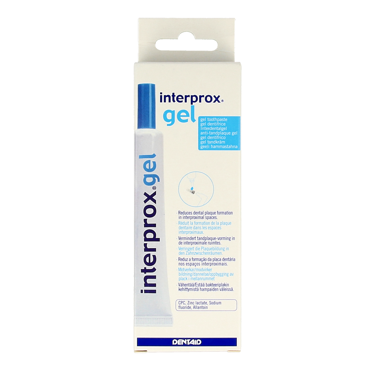 Interprox Gel 20ml for dental hygiene and brushing control, featuring a tube with a white cap and label showing the brand name.