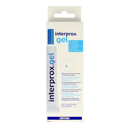 Interprox Gel 20ml for dental hygiene and brushing control, featuring a tube with a white cap and label showing the brand name.