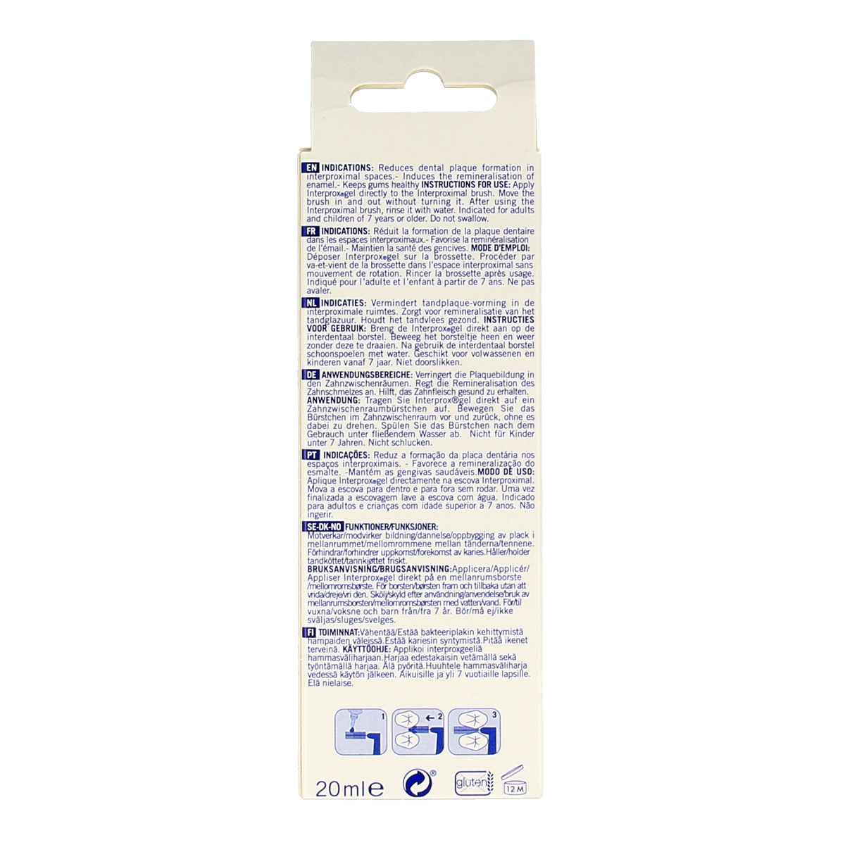 Interprox Interprox Gel 20ml for dental hygiene and brushing control, featuring a white tube with blue and red accents.