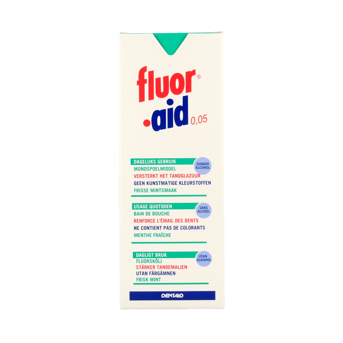 Fluor Aid mouth rinse in a 500ml bottle, fluoride mouthwash for oral hygiene, branded Fluor Aid.