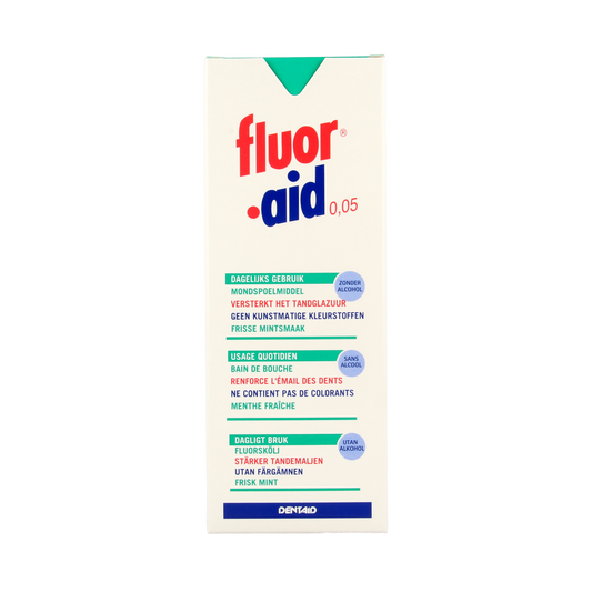 Fluor Aid mouth rinse in a 500ml bottle, fluoride mouthwash for oral hygiene, branded Fluor Aid.