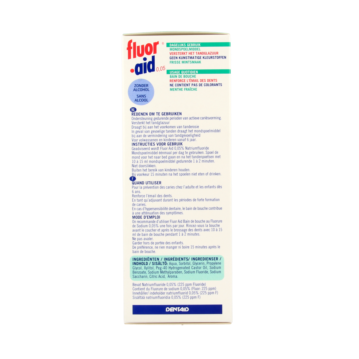 Fluor Aid Mondspoelmiddel 0.05% in a 500ml bottle, fluoride mouth rinse for oral care and cavity prevention.