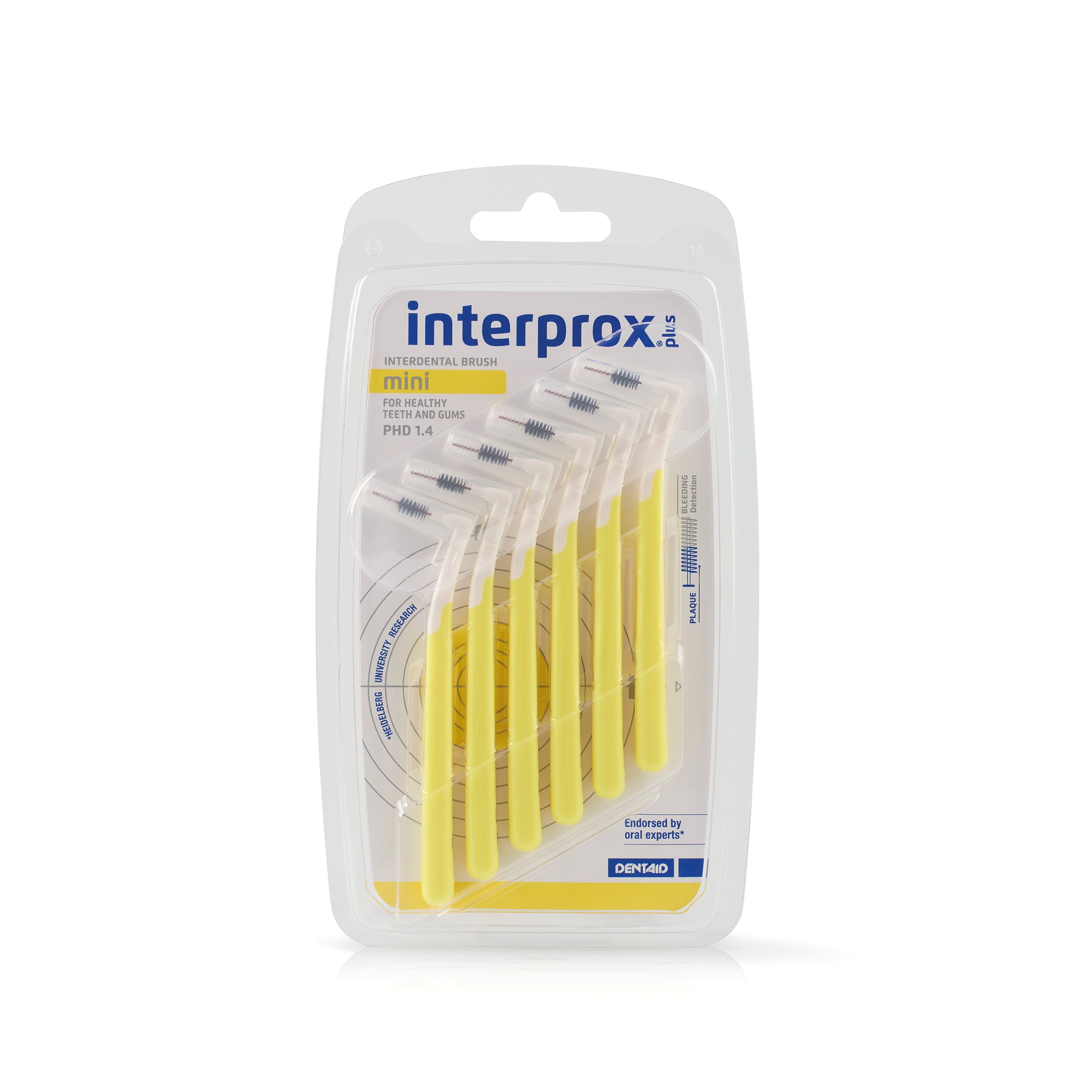 Interprox Interprox Plus mini yellow dental flossers and interdental ragers, 6-pack, for effective interdental cleaning.