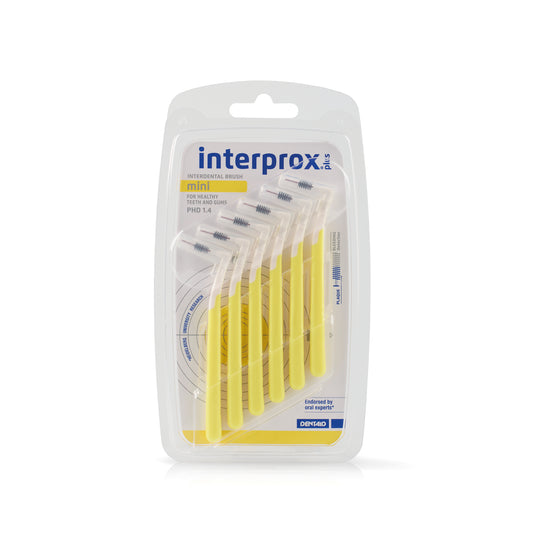 Interprox Interprox Plus mini yellow dental flossers and interdental ragers, 6-pack, for effective interdental cleaning.