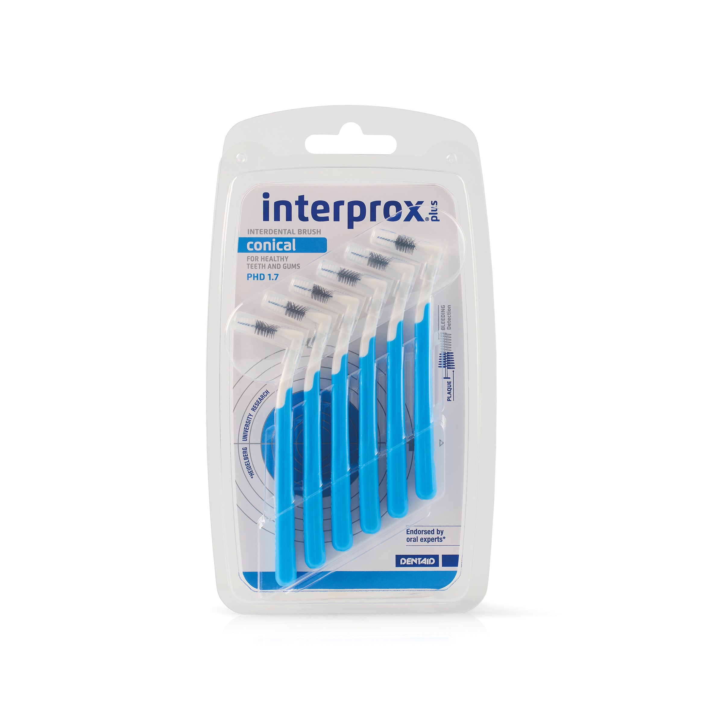Interprox Interprox Plus conical blue dental flossers and ragers, 6.00 mm, for effective interdental cleaning, shown in the image.