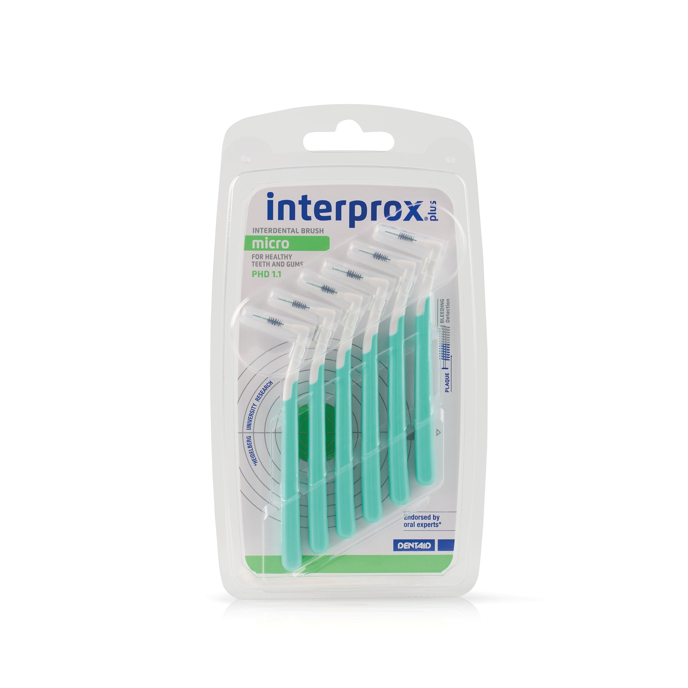 Interprox Plus micro groen flossers for oral hygiene, 6-pack, designed for thorough cleaning and dental plaque removal.
