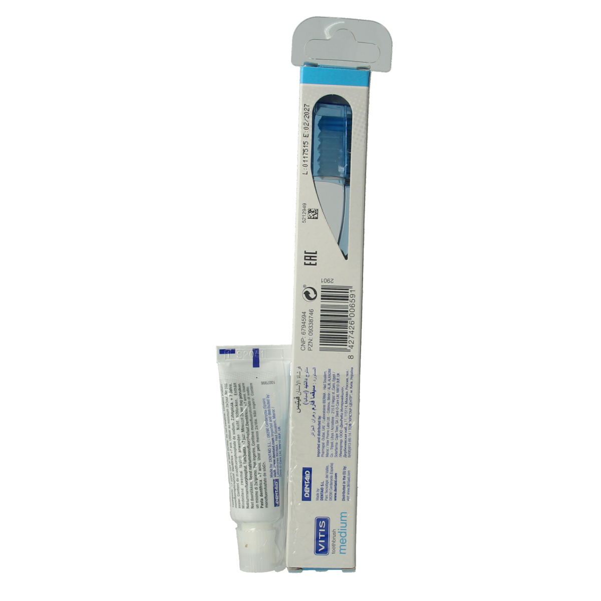 Vitis tandpasta and toothbrush set with white toothpaste tube and green toothbrush on a white background.