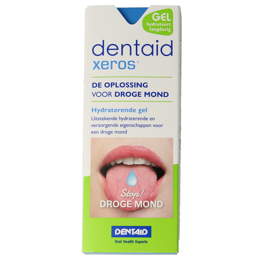 Dentaid Xeros gel in 50ml tube, dental hygiene and brushing control product, with packaging showing the tube and label.