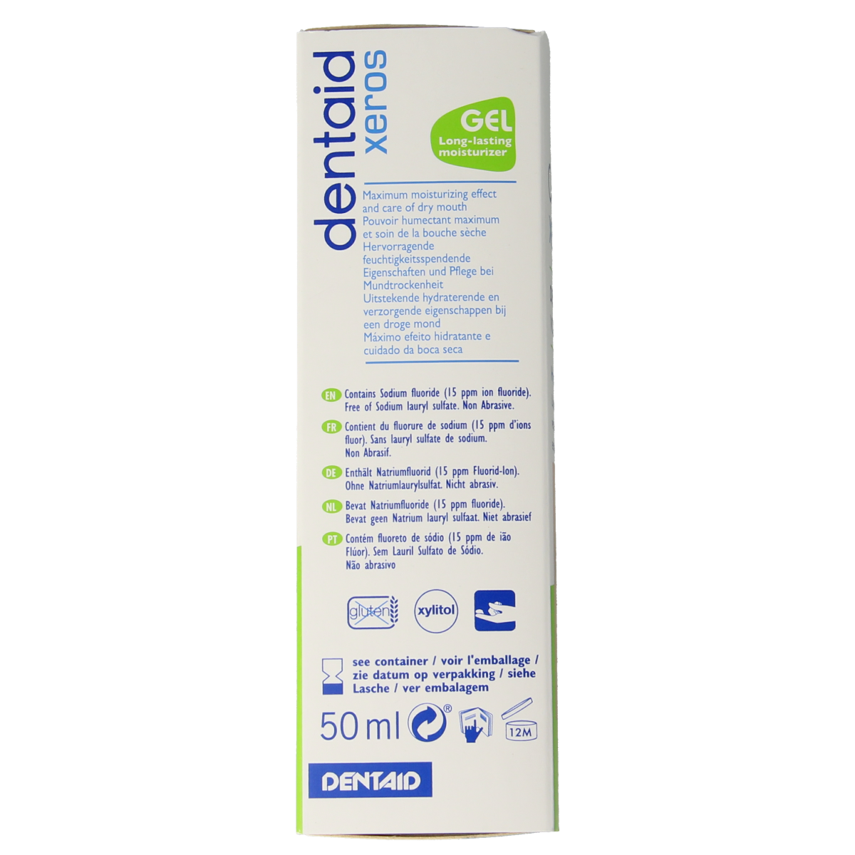 Dentaid Xeros gel 50ml for oral hygiene and brushing control, shown in a clear tube with branding and measurement markings.