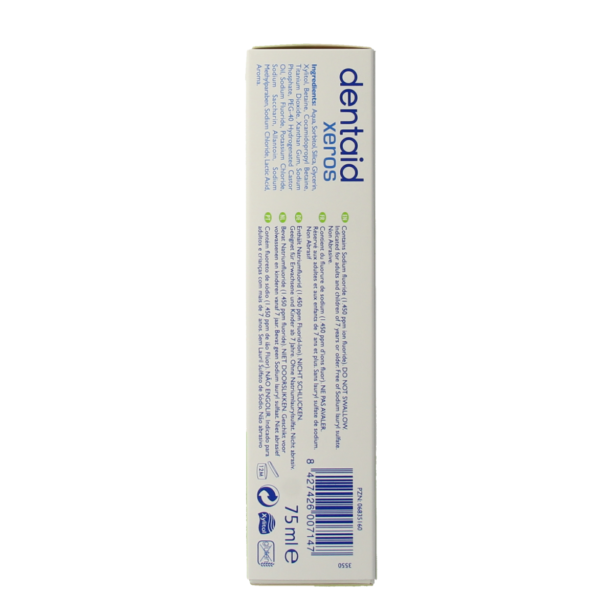 Dentaid Xeros toothpaste in a 75ml tube, featuring a white and blue packaging design for oral hygiene.
