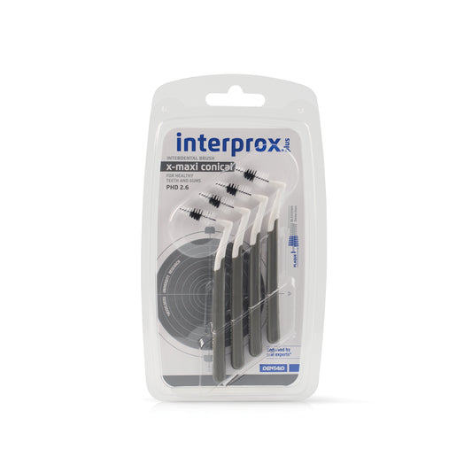 Interprox Ragers X Maxi gray dental interdental cleaners, 2.6 mm size, four pieces for effective gum and teeth cleaning.