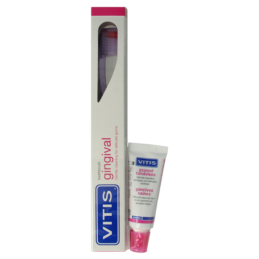 Vitis Tandenborstel for healthy gums, soft bristles, close-up of toothbrush with ergonomic handle, ideal for gentle gum care.
