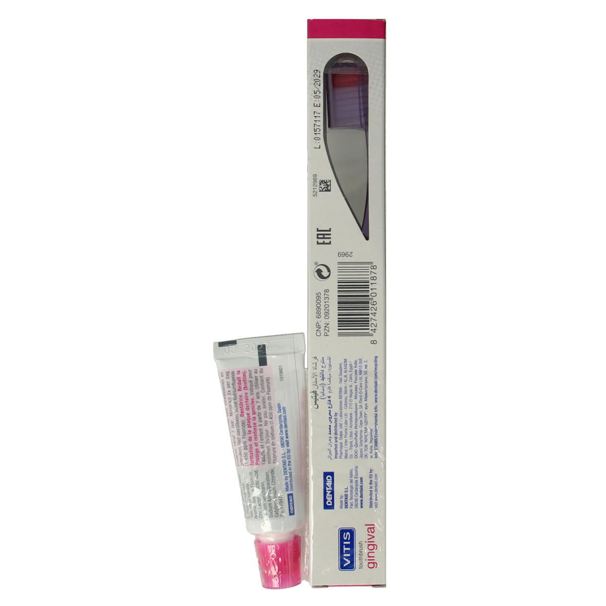 Vitis Tandenborstel for healthy gums, close-up of soft toothbrush with ergonomic handle and Vitis branding.