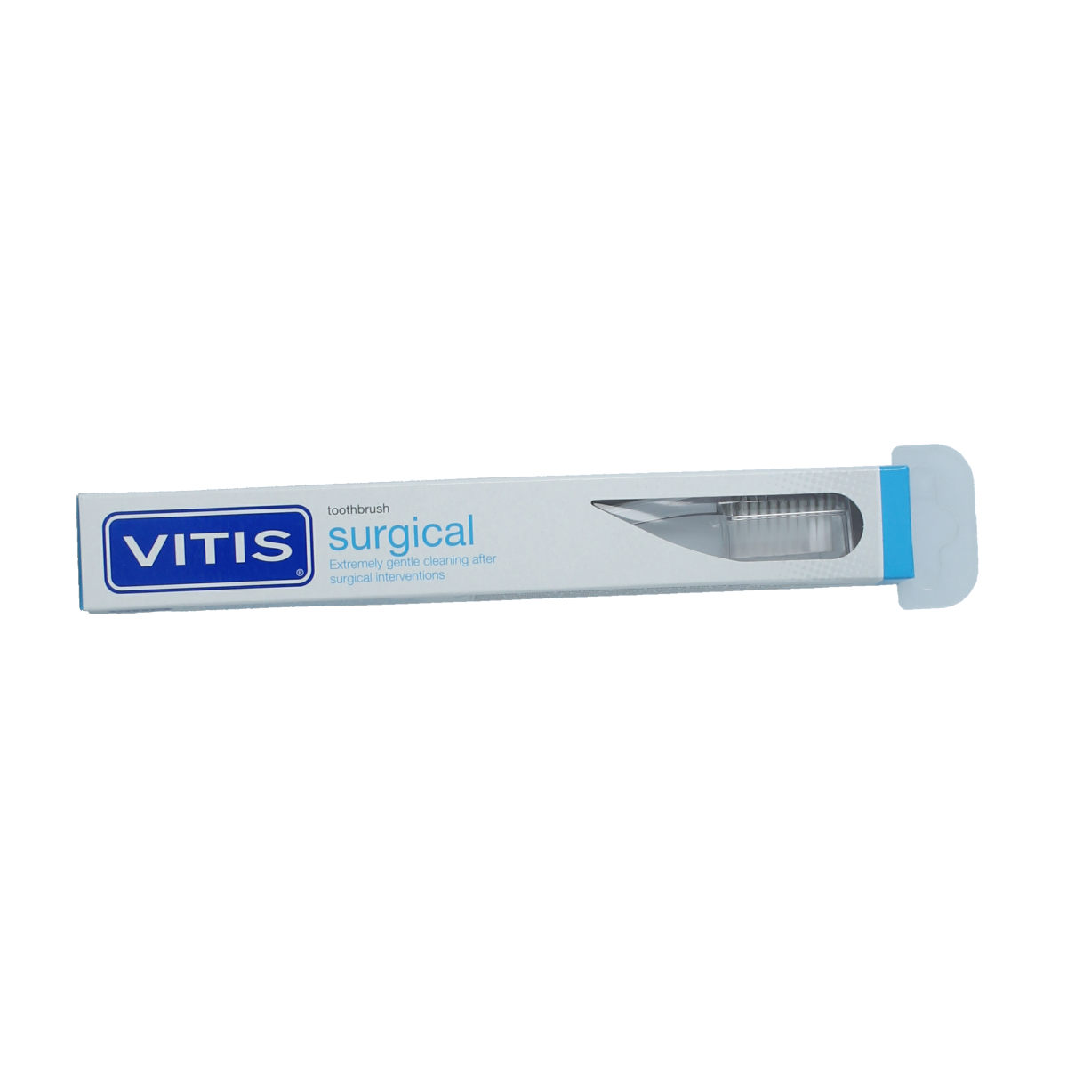 Vitis surgical toothbrush with 1.00 mm bristle firmness, displayed in close-up, showing the toothbrush head and bristles.