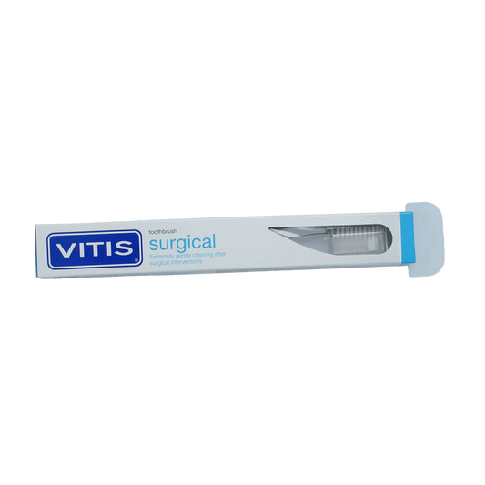 Vitis surgical toothbrush with 1.00 mm bristle firmness, displayed in close-up, showing the toothbrush head and bristles.