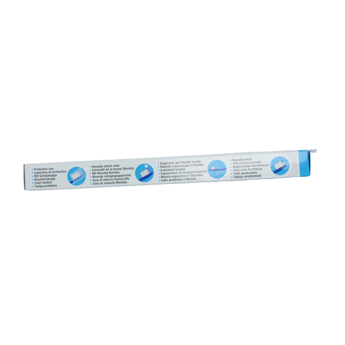 Vitis surgical toothbrush in white with a slender handle and soft bristles for gentle oral cleaning.
