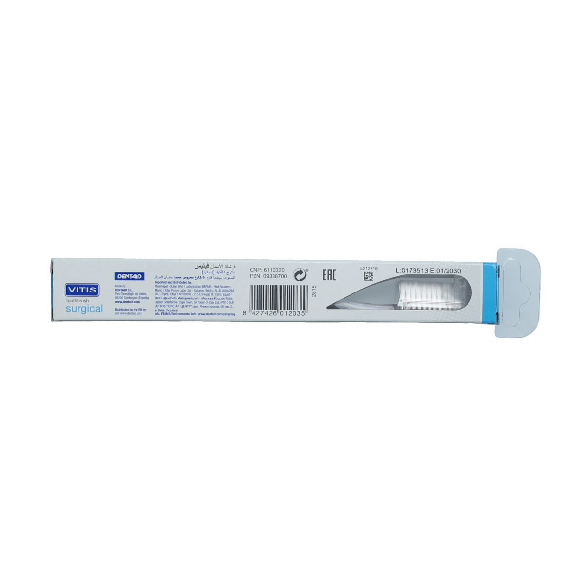 Vitis surgical toothbrush in size 1.00, showing a close-up of the white toothbrush with bristles and ergonomic handle.
