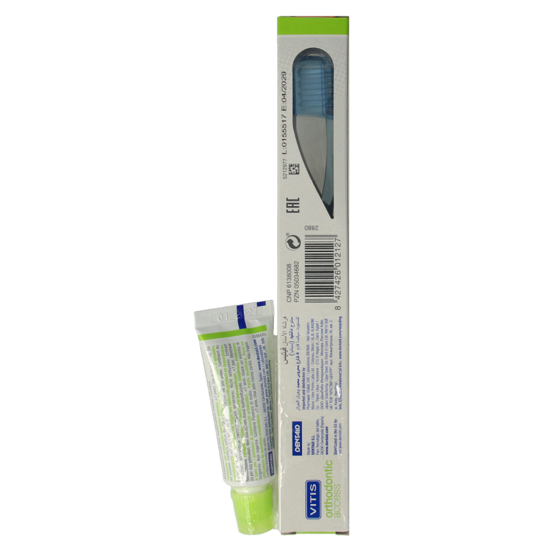 Vitis Orthodontic access brush with sample toothpaste, designed for prostheses cleaning, displayed on a white background