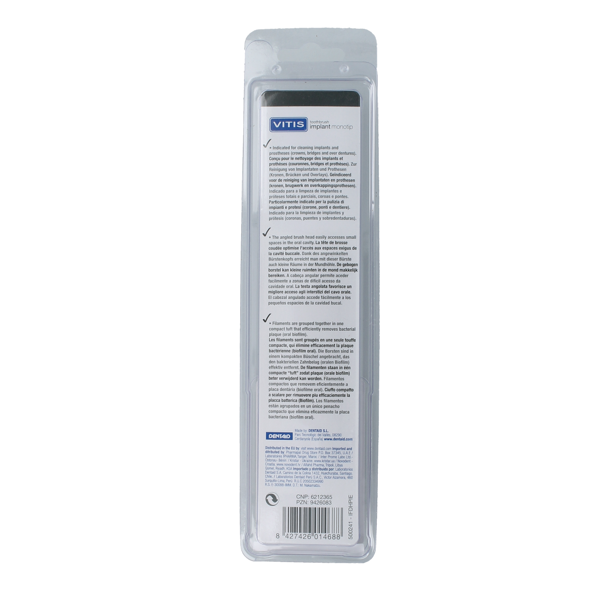 Vitis Tandenborstel implant monotip 1.00, dental prosthesis toothbrush designed for dental implants, shown in the image.
