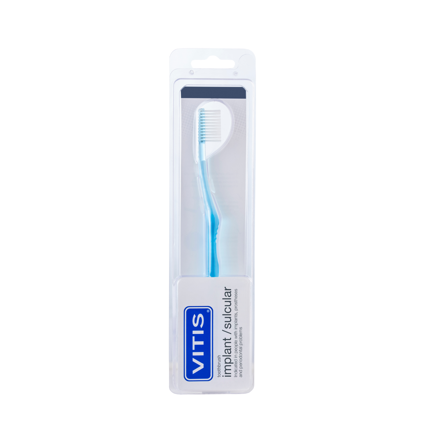 Vitis implant sulcular toothbrush for prostheses, single pack, designed for cleaning around dental implants and prosthetic devices.