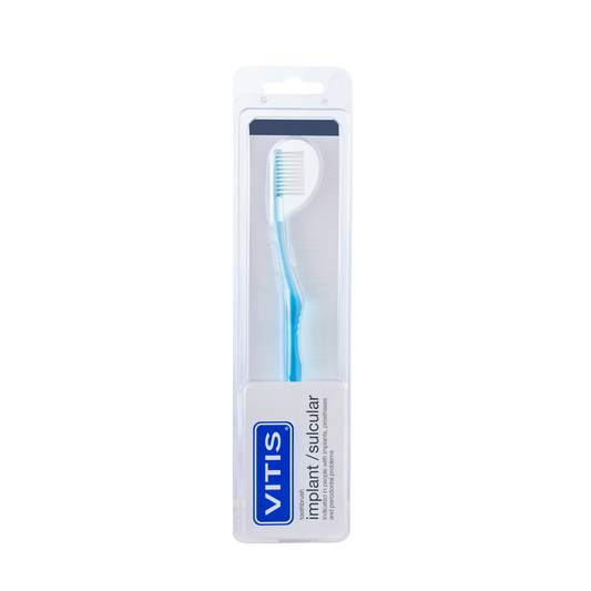 Vitis implant sulcular toothbrush for prostheses, single pack, designed for cleaning around dental implants and prosthetic devices.