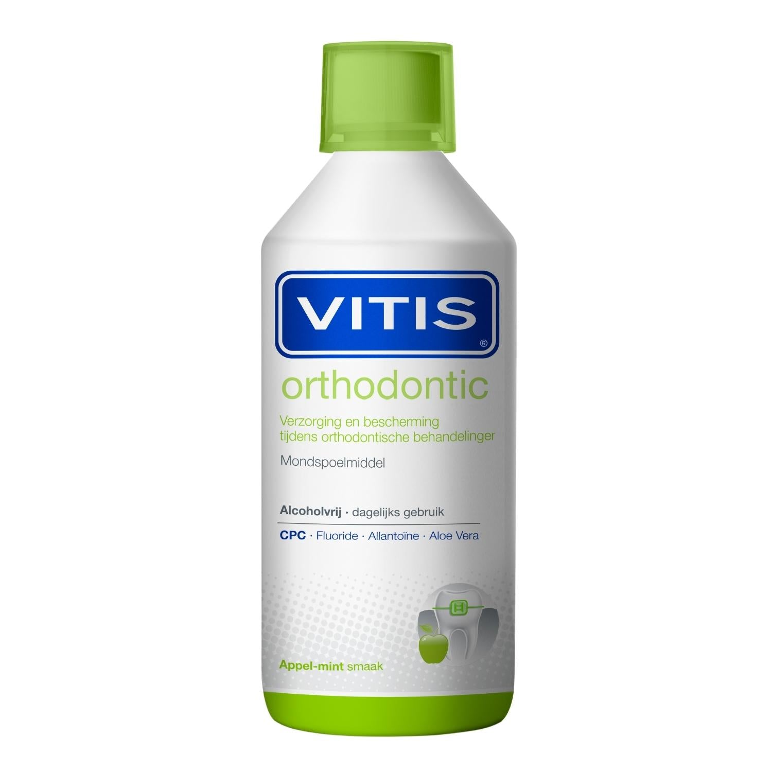 Vitis Orthodontic mouth rinse 500ml bottle with labeled cap and clear liquid, designed for orthodontic oral care.